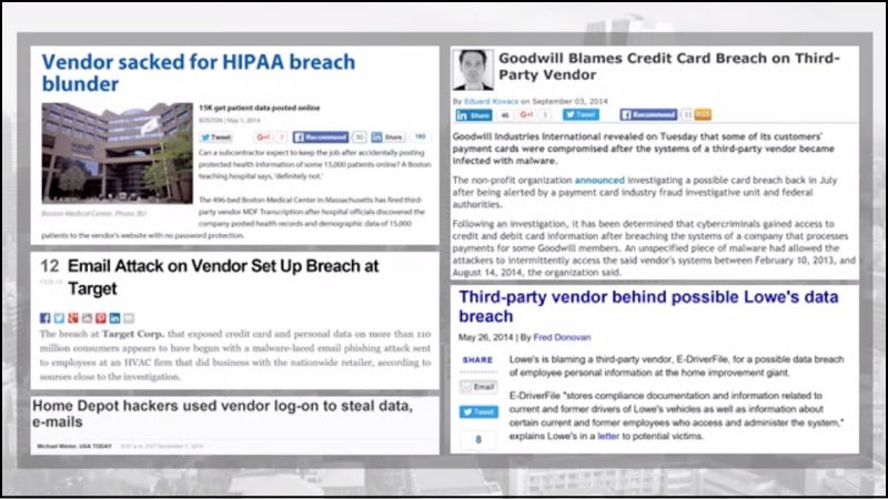 An assortment of sample news headlines involving data breaches for various companies.