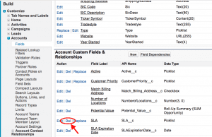 Screenshot displaying how easily a Custom Field can be accidentally deleted in Salesforce.