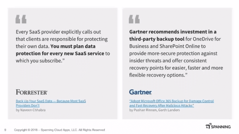 Quote excerpts from Forrester and Gartner reports detailing the importance of investing in a third-party backup tool. 