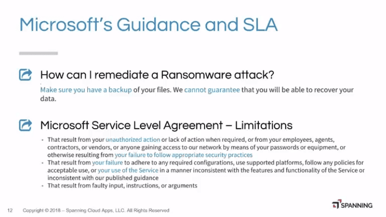 Excerpts from Microsoft’s stance regarding data lost to ransomware attacks and specified limitations as outlined within their Service Level Agreement.