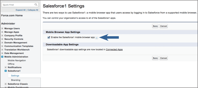Screenshot of Step 3: Enabling the Salesforce1 mobile browser app