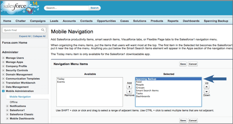 Screenshot of Step 2: Enabling mobile navigation in Salesforce