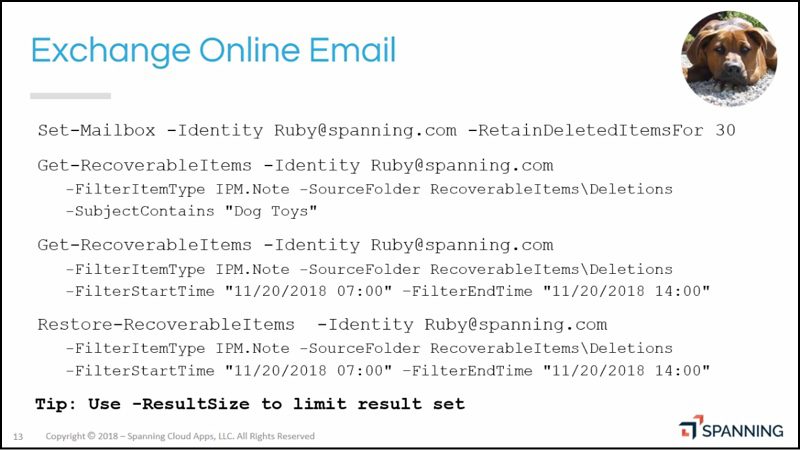 Exchange Online commands to query for recoverable items. 