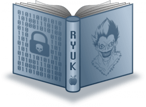 A themed image for Ryuk Ransomware; a book with the Ryuk character's face on the front and binary code on the back.