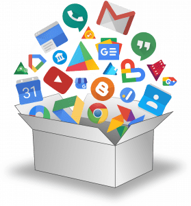 A representation of Google Takeout — a box with various Google data icons coming out of it.