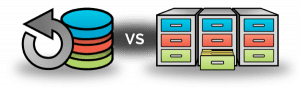 A depiction of a backup icon vs filing cabinets for archiving.