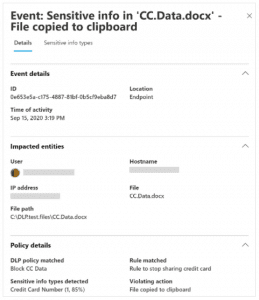 Event details in the Microsoft DLP alert dashboard.