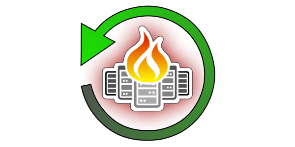 An icon with a server on fire and a recovery symbol to represent disaster recovery.